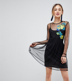 Короткое приталенное сетчатое платье с длинными рукавами и вышивкой ASOS TALL - Черный