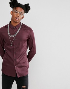 Бордовая приталенная сатиновая рубашка ASOS - Красный