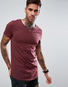 Обтягивающая футболка удлиненного кроя с разрезом на вороте ASOS - Красный