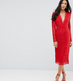 Кружевное платье-футляр миди с длинными рукавами ASOS TALL - Красный