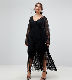 Кружевное платье миди с запахом и бахромой ASOS CURVE - Черный