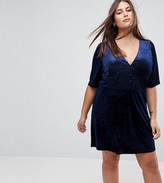 Короткое приталенное бархатное платье с пышными рукавами Fashion Union Plus - Темно-синий