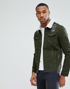 Зеленая джинсовая куртка с рваной отделкой и искусственным мехом Liquor N Poker - Зеленый