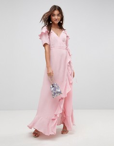 Платье макси с короткими рукавами, оборками и запахом ASOS - Розовый