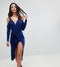 Платье миди с открытыми плечами и запахом ASOS TALL - Темно-синий