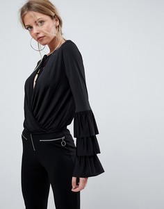 Топ с завязкой, запахом и оборками на рукавах ASOS - Черный