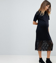 Платье-футболка миди с плиссированной кружевной отделкой ASOS MATERNITY - Черный