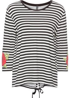 Футболка с разрезом и цветами (черный/белый в полоску) Bonprix