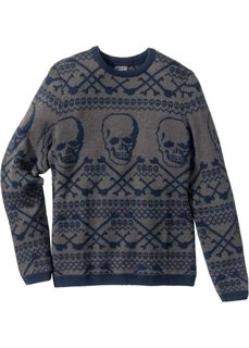 Пуловер Slim Fit с долей шерсти (темно-синий/серый с узором) Bonprix