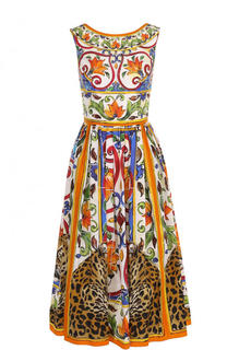 Приталенное хлопковое платье-миди с принтом Dolce &amp; Gabbana