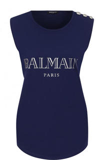 Хлопковый топ с круглым вырезом и логотипом бренда Balmain