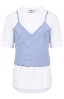 Хлопковая футболка с контрастным драпированным топом MSGM