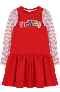 Хлопковое платье с аппликациями и оборками Fendi Roma