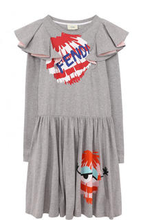Хлопковое платье с принтом и оборками Fendi Roma