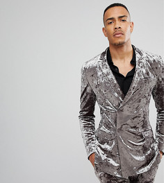 Серый двубортный супероблегающий пиджак-смокинг из мятого бархата ASOS TALL - Серый