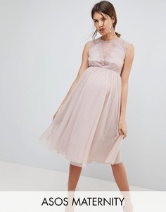 Сетчатое платье миди с кружевной отделкой ASOS Maternity - Розовый