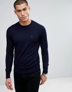 Темно-синий джемпер с круглым вырезом и логотипом Emporio Armani - Темно-синий