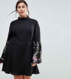 Короткое приталенное платье с расклешенными рукавами и вышивкой ASOS CURVE - Черный