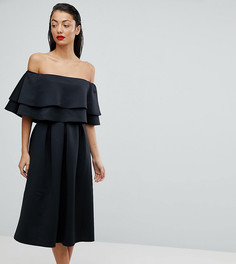 Платье миди с оборками и открытыми плечами ASOS TALL - Черный