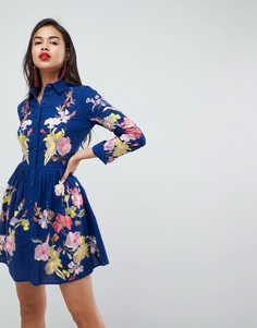 Короткое приталенное платье на пуговицах с вышивкой ASOS PREMIUM - Синий