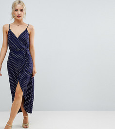 Платье-комбинация макси с запахом и принтом в горошек ASOS PETITE - Мульти