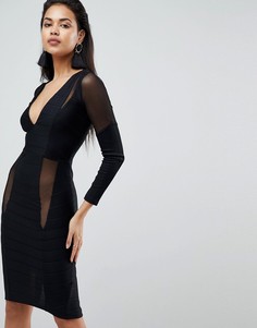 Бандажное платье миди с длинными рукавами, глубоким вырезом и сетчатыми вставками ASOS - Черный