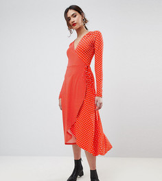 Чайное платье миди в горошек с запахом и длинными рукавами ASOS TALL - Мульти