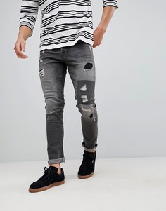 Узкие джинсы с рваной отделкой и нашивками Only &amp; Sons - Серый
