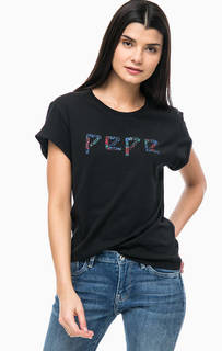 Черная хлопковая футболка с принтом Pepe Jeans