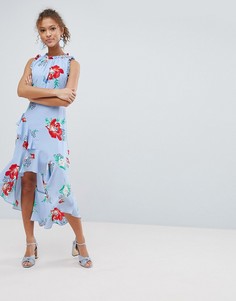 Платье миди с цветочным принтом и оборками Miss Selfridge - Синий