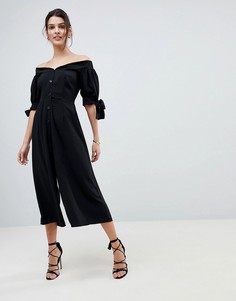 Чайный комбинезон с открытыми плечами и завязками на рукавах ASOS - Черный