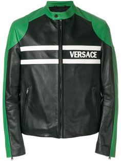 logo print leather jacket Versace