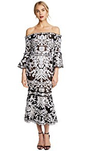 Marchesa Notte Off the Shoulder Guipure Cocktail Dress