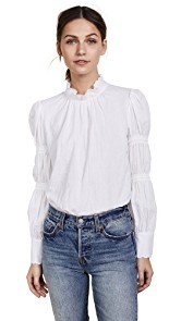 Rebecca Taylor Textured Twill Ruched Sleeve Top