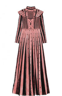 Бархатное платье-макси с воротником-стойкой и кружевными вставками Valentino