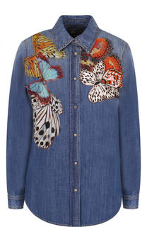 Джинсовая блуза с потертостями и отделкой в виде бабочек Roberto Cavalli