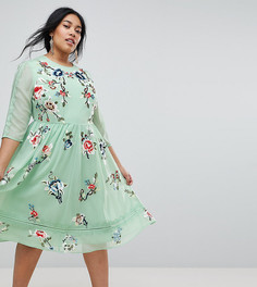 Приталенное платье миди с вышивкой ASOS CURVE PREMIUM - Мульти