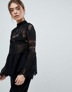 Кружевной топ с баской и и пышными рукавами Boohoo - Черный