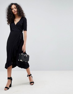 Чайное платье миди с запахом и оборками ASOS - Черный