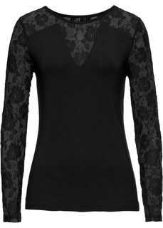 Футболка с кружевной вставкой (черный) Bonprix