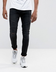 Черные байкерские джинсы скинни с рваной отделкой и напылением DML - Черный