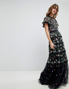 Платье с цветочной вышивкой, высоким воротом и многослойной юбкой Needle &amp; Thread - Черный
