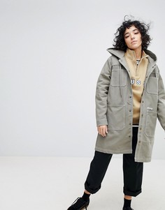 Длинное пальто с капюшоном и логотипом Stussy - Серый