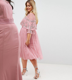 Платье миди с прозрачной отделкой и кейпом Maya Plus - Розовый