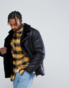 Черная байкерская куртка из искусственной овчины ASOS - Черный