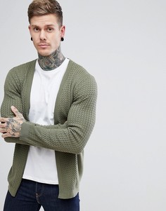 Кардиган вязки косичкой цвета хаки с отделкой в рубчик ASOS - Зеленый