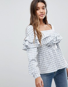 Блузка в клетку с баской и рюшами Fashion Union - Серый