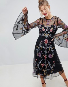 Сетчатое платье миди с вышивкой ASOS - Черный