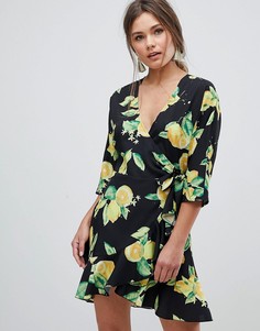 Платье мини с запахом и лимонным принтом ASOS - Мульти