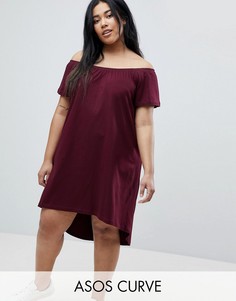 Платье с открытыми плечами и асимметричным краем ASOS CURVE - Красный